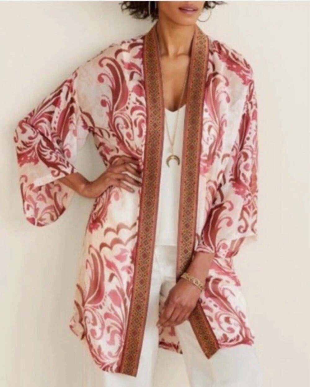 Soft Surroundings Floral Kimono Cardigan Petite PM Boho Sheer Open Front Topper